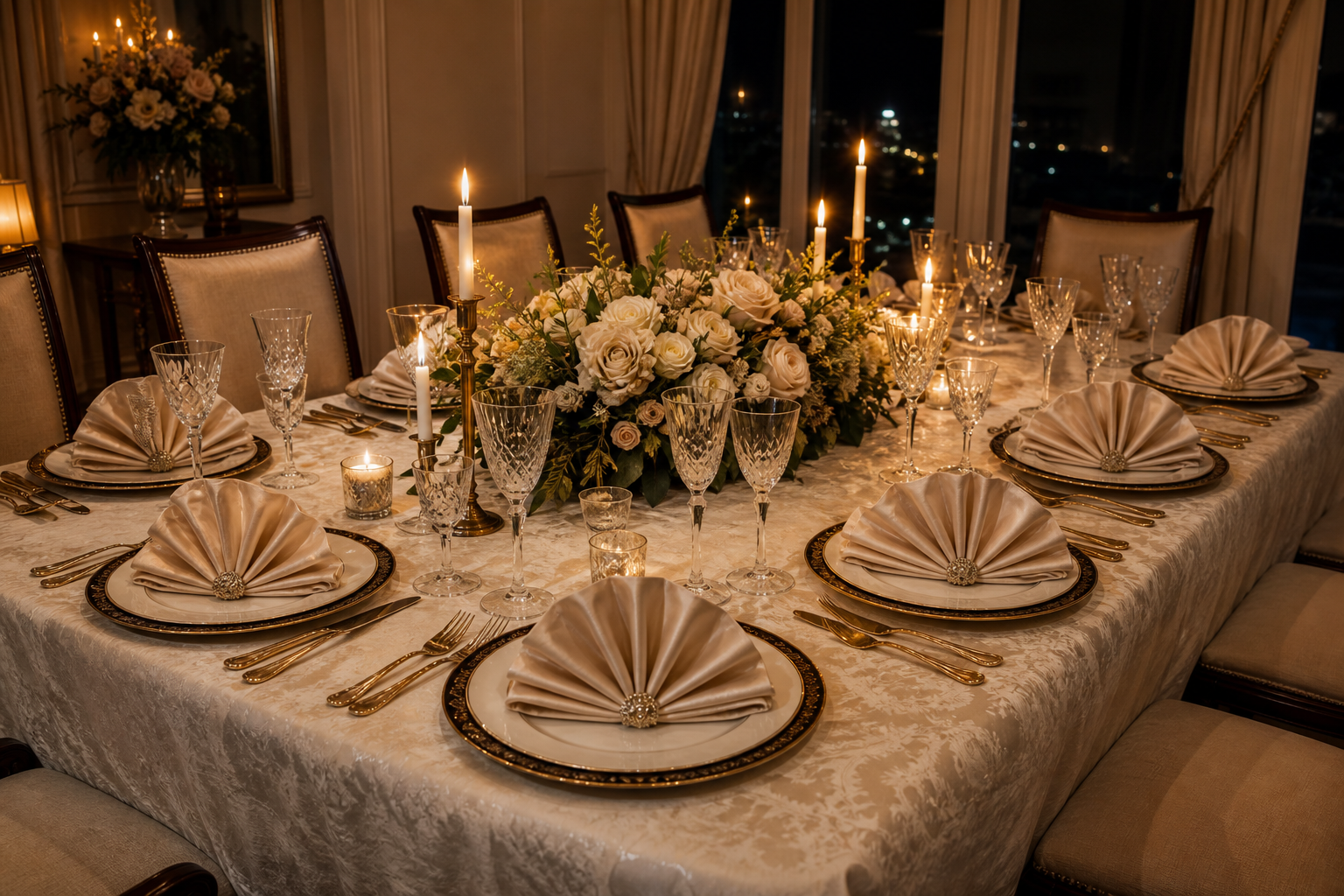 Elegant tablescape with matching fan-folded napkins at every place setting