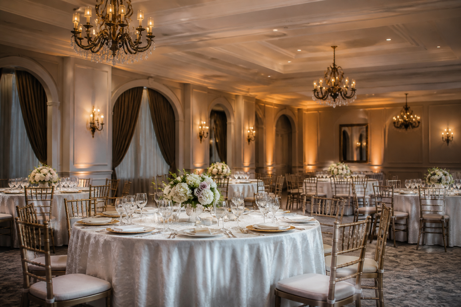 Banquet hall with round tables covered in white crinkle-texture taffeta tablecloths