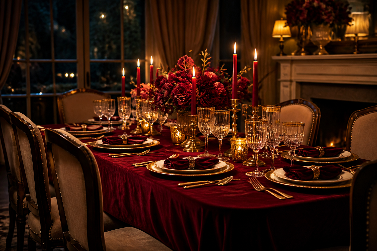 Luxurious dining table with a deep burgundy velvet tablecloth and gold-rimmed dinnerware