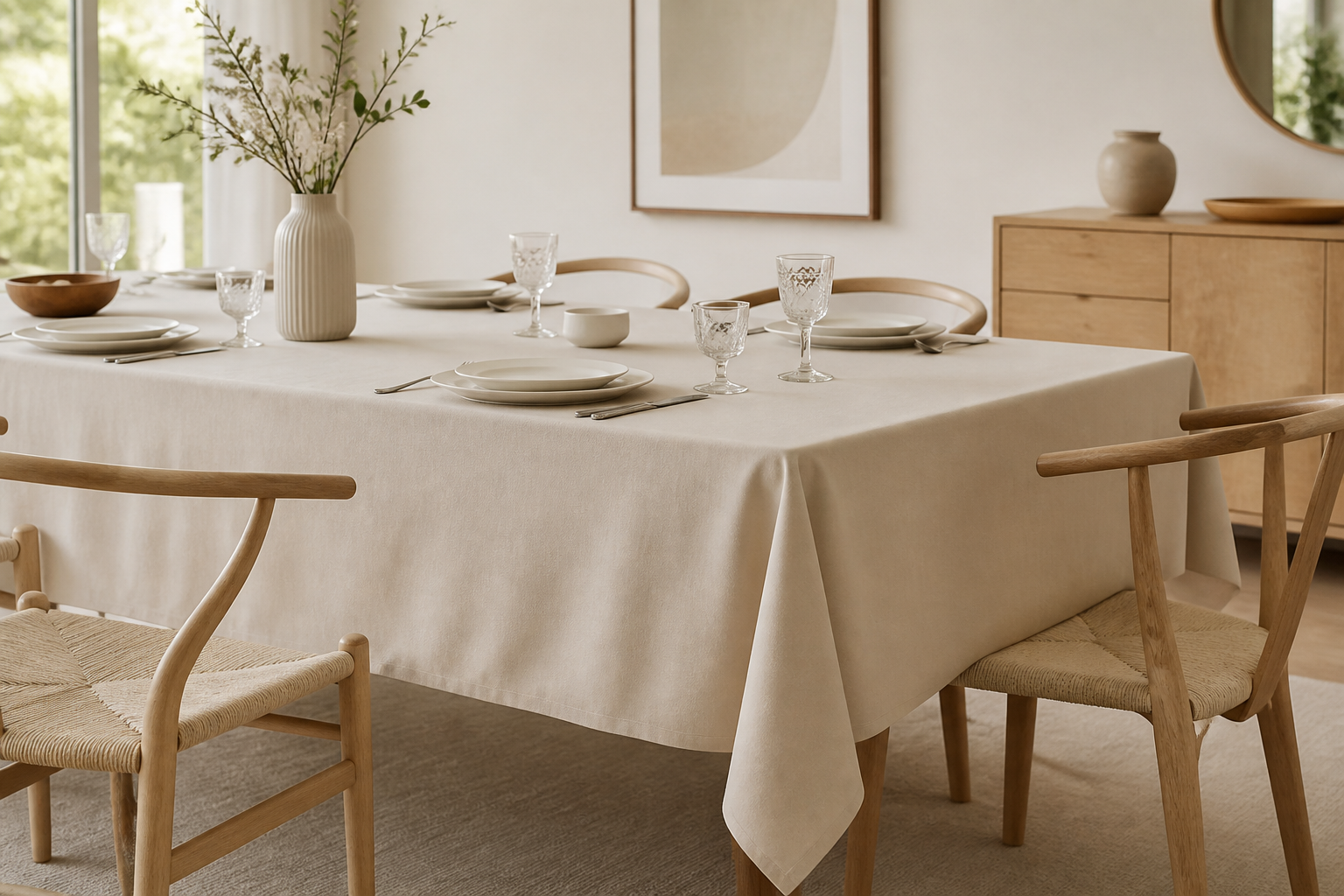 Minimalist dining table with a solid beige polyester tablecloth in a Scandinavian style interior