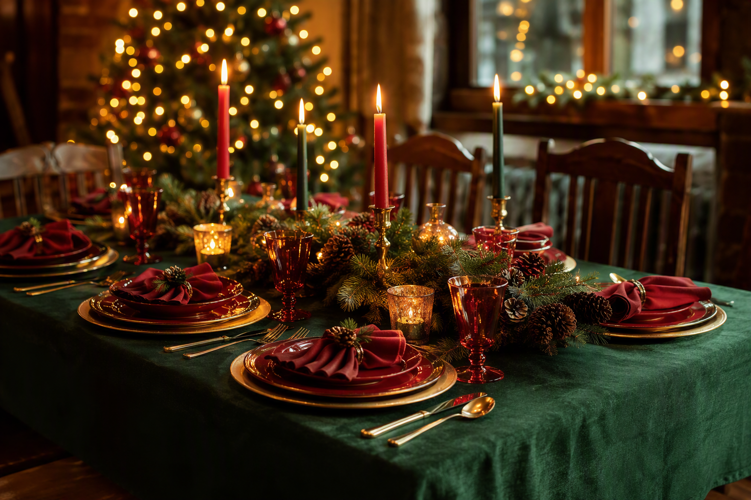 Festive winter table with a deep green flannel tablecloth, candles and pine branches