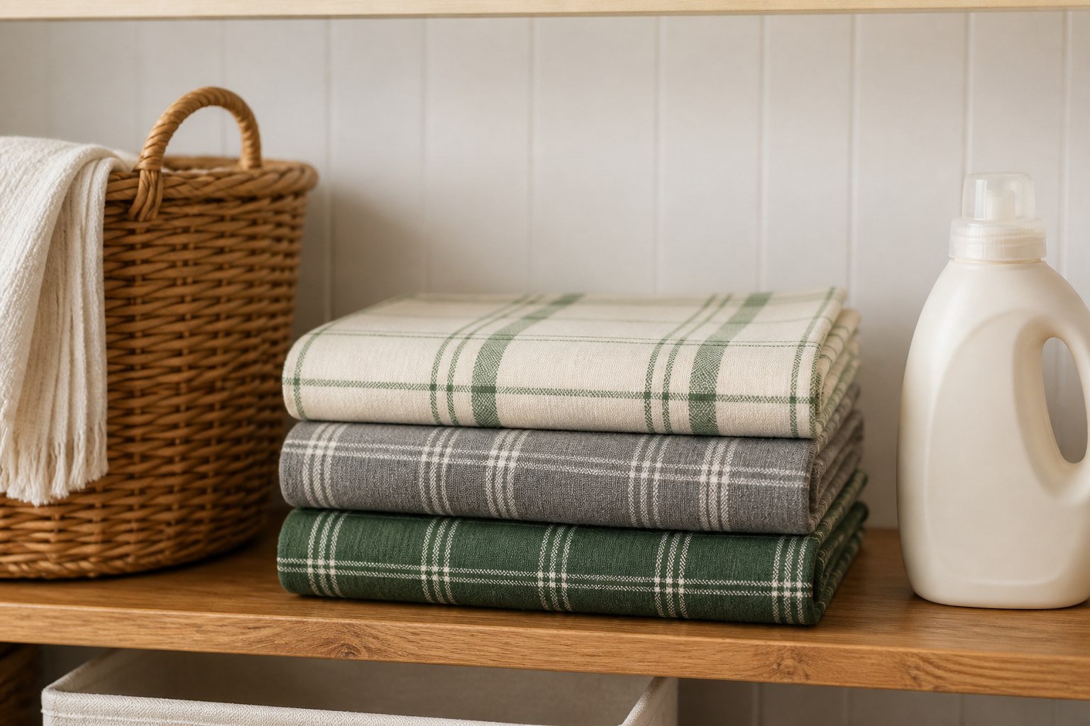 Folded stack of flannel tablecloths with a laundry basket and fabric softener