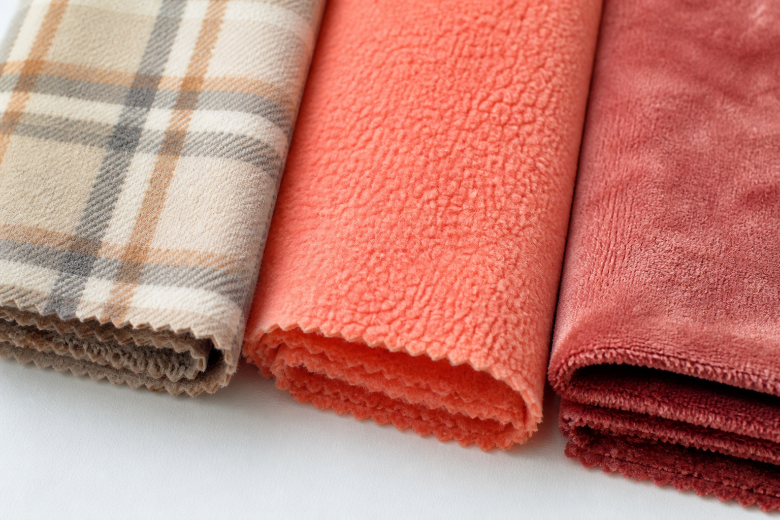 Flat lay of flannel fabric swatches including brushed flannel, coral fleece, and plush fleece