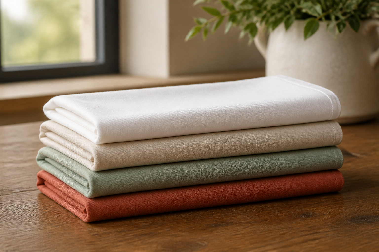 Neat stack of solid color cotton cloth napkins in white, beige, sage green and terracotta