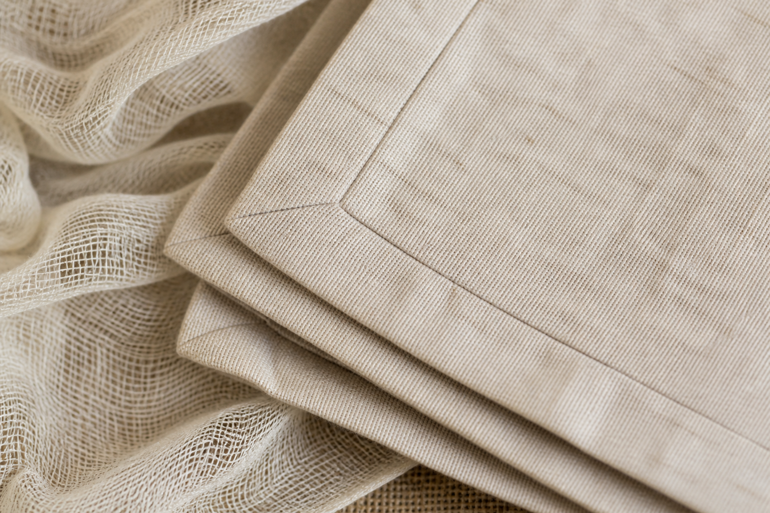 Close-up of textured cheesecloth and linen-blend napkins with mitered hem