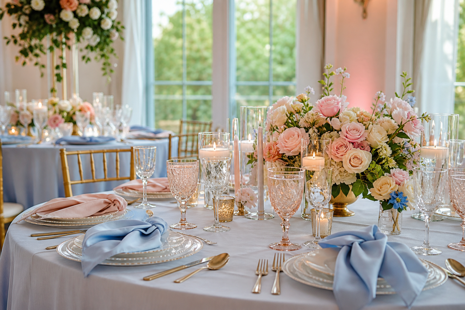 Colorful wedding reception table with sky blue and blush pink napkins