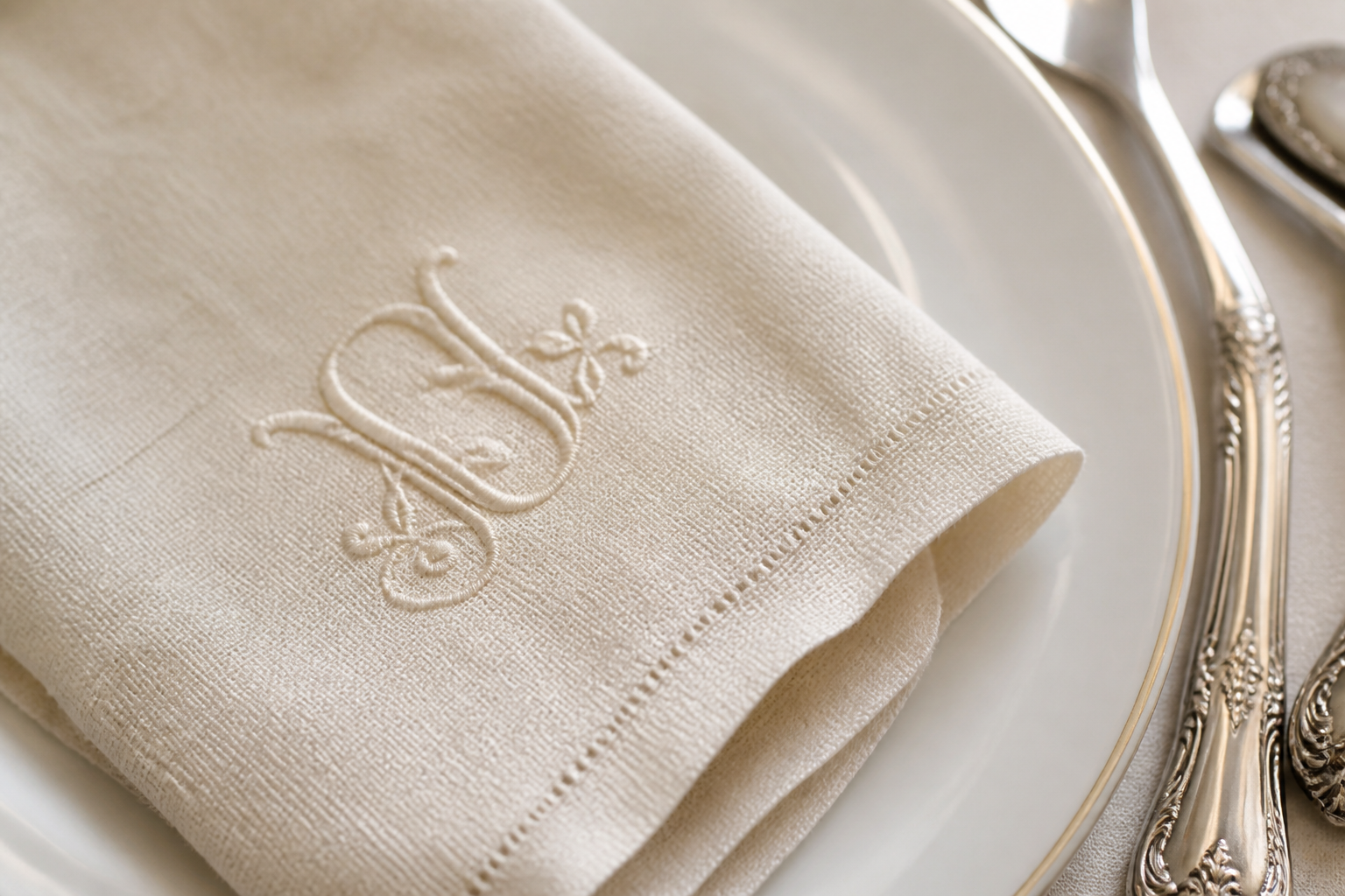Close-up of a cream linen napkin with elegant embroidered monogram initials