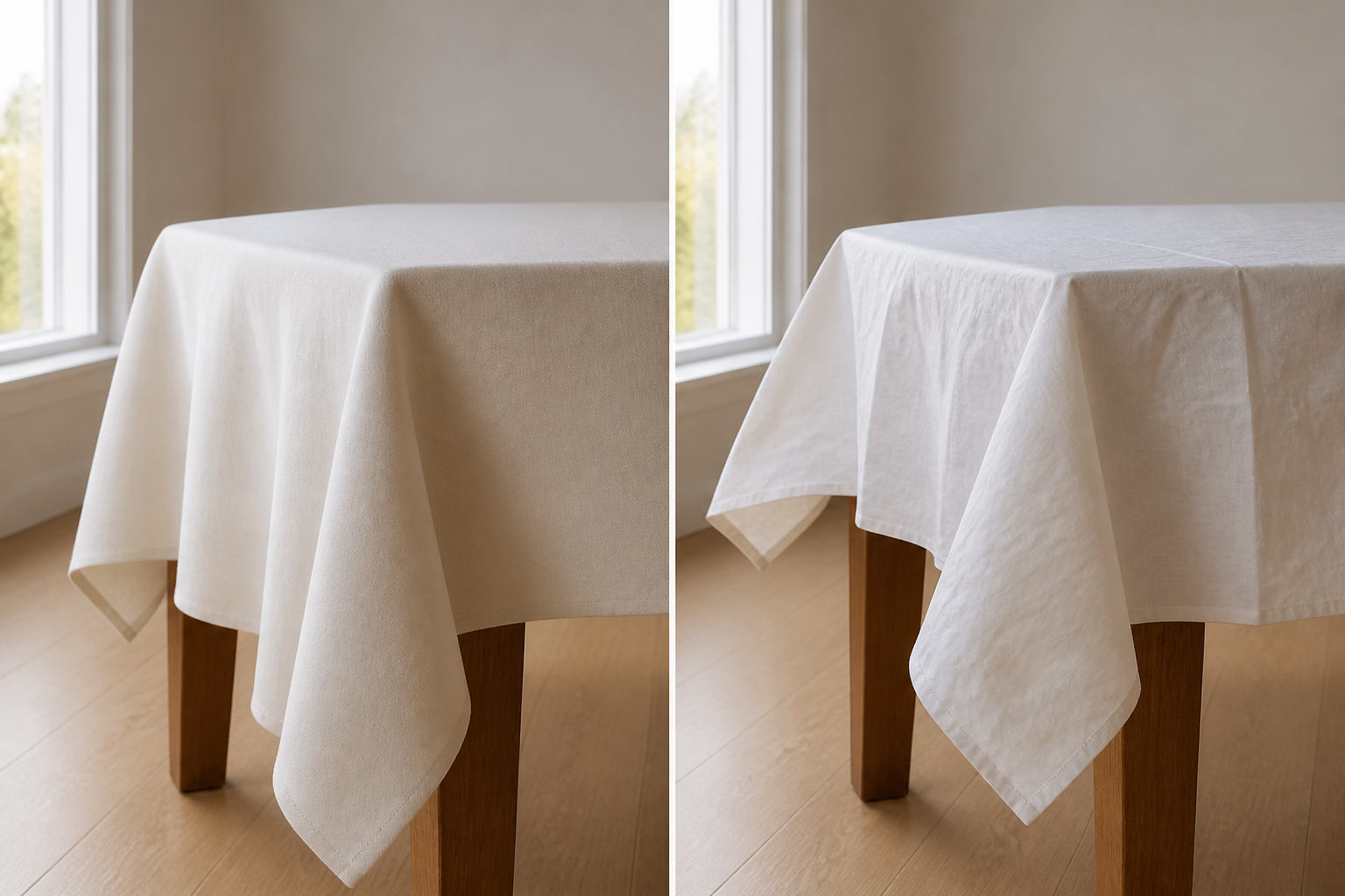 Comparison of a heavy quality fabric draping in smooth folds versus a stiff thin fabric standing away from the table