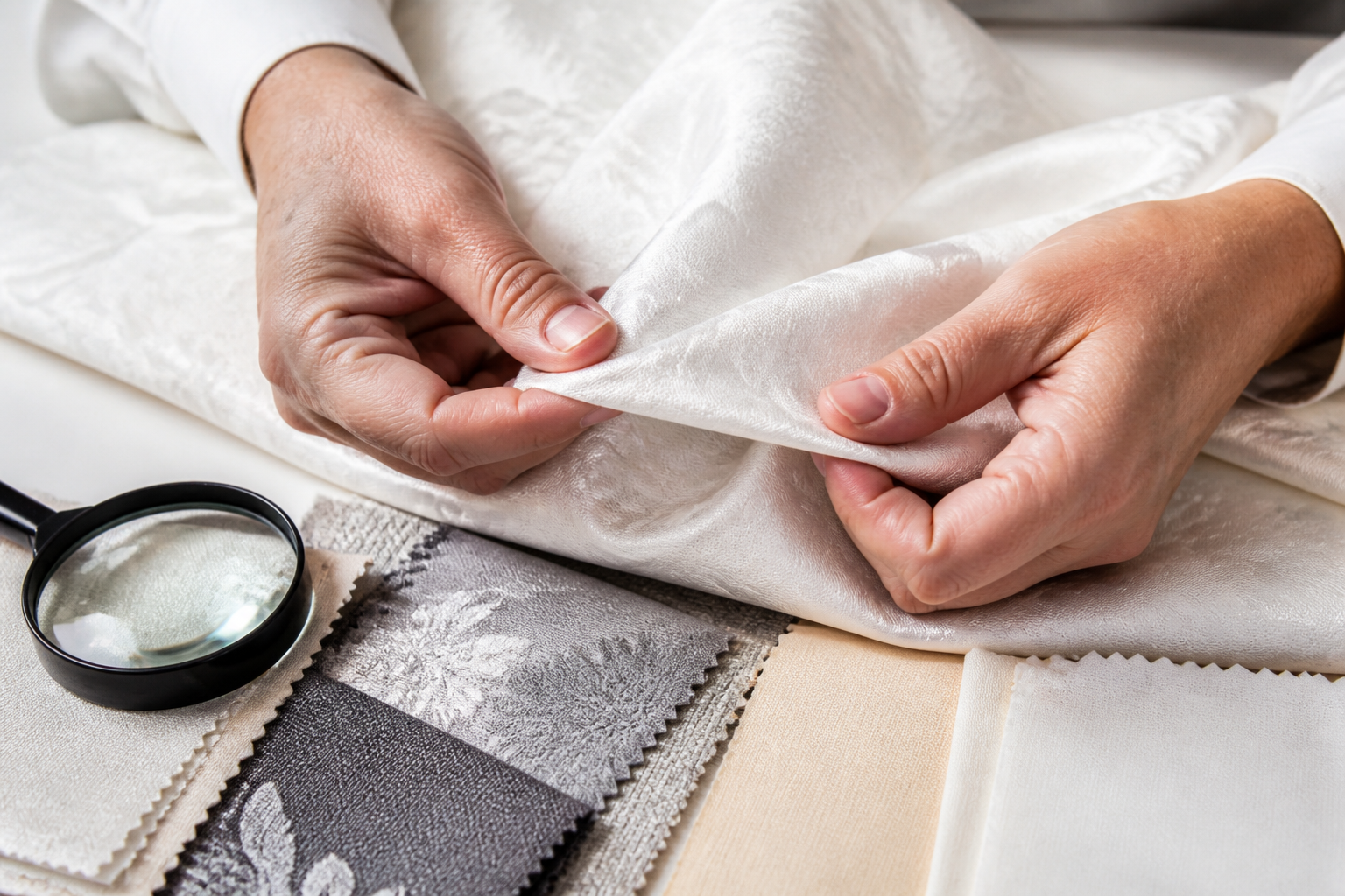 A textile inspector examining a tablecloth fabric under bright light