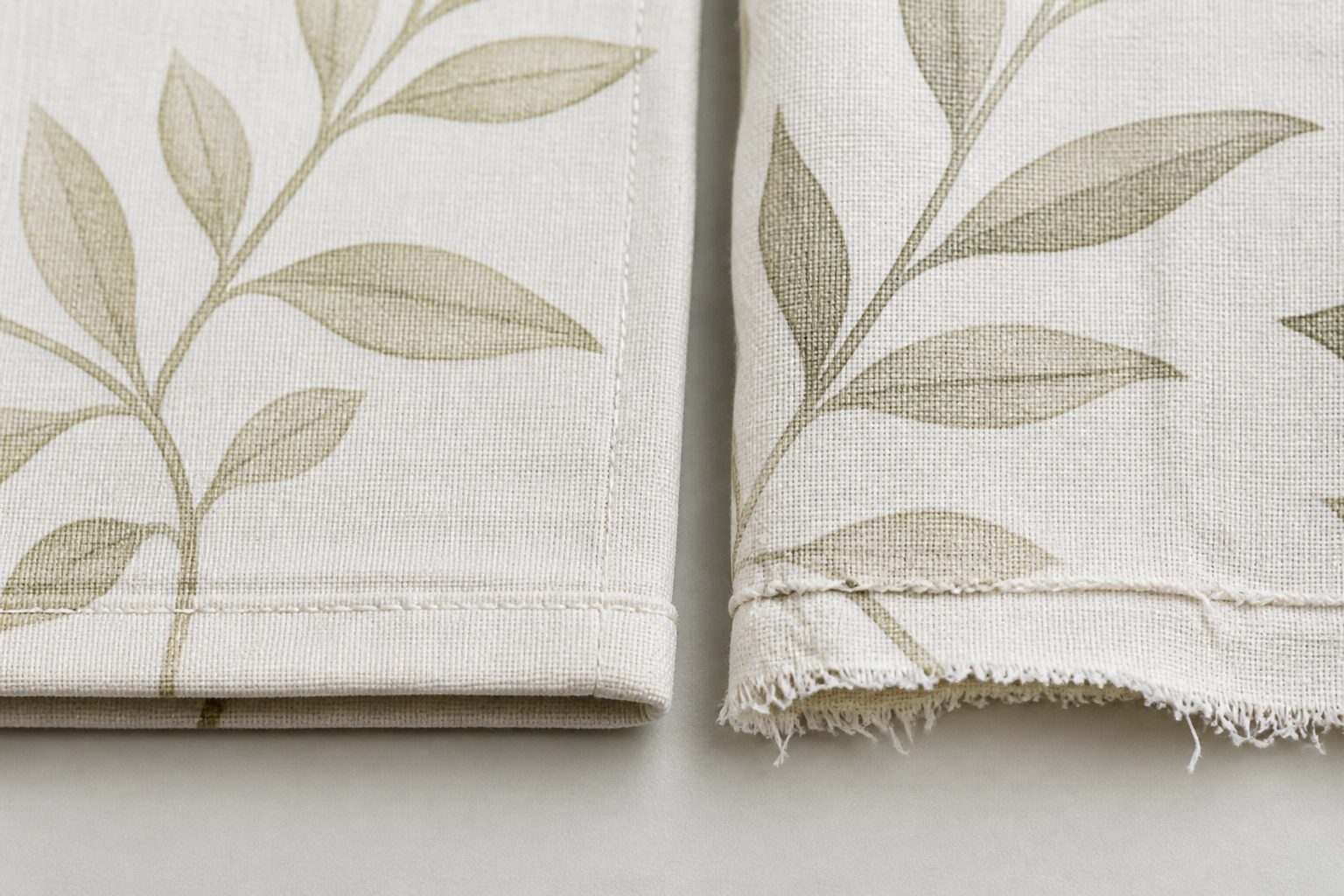 Close-up comparison of a clean double-folded hem and a loose fraying rough edge