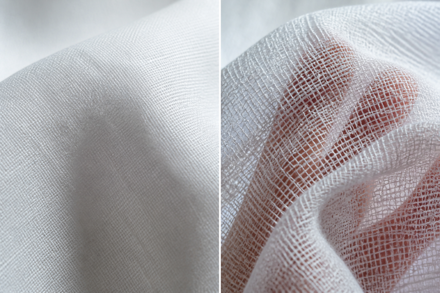 Side-by-side comparison of a dense high-quality weave and a thin loose translucent weave held up to light
