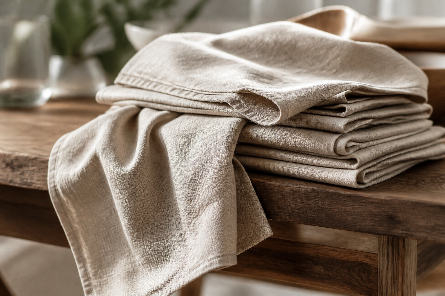 A stack of natural linen napkins with soft crumpled texture draped over a table edge