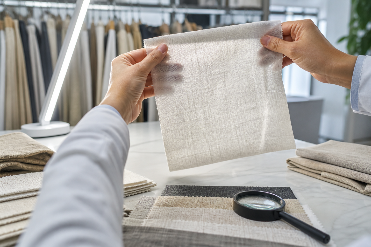 Hands of an inspector holding a linen napkin up to the light to check the weave