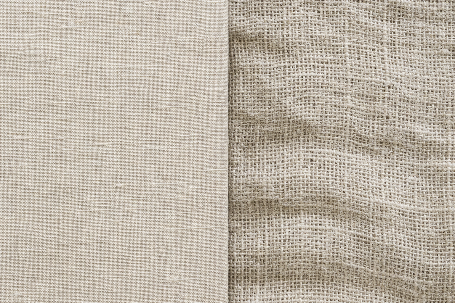 Side-by-side comparison of a fine dense flax linen weave and a thin rough imitation fabric
