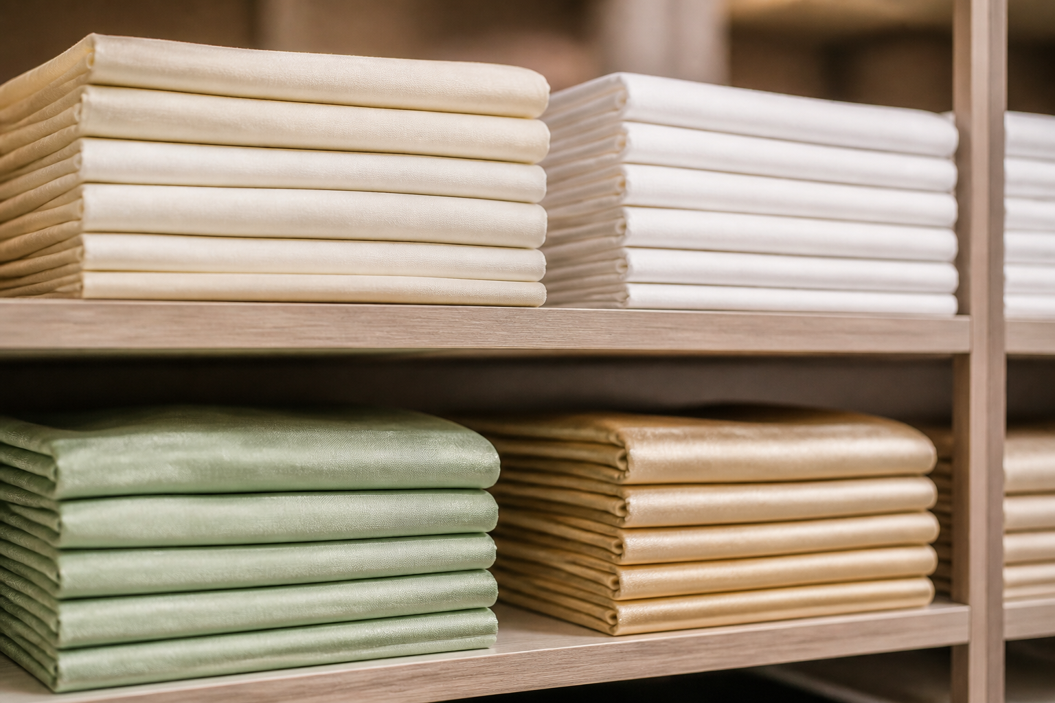 Neatly folded stack of spun polyester tablecloths in ivory, white, sage green and champagne gold