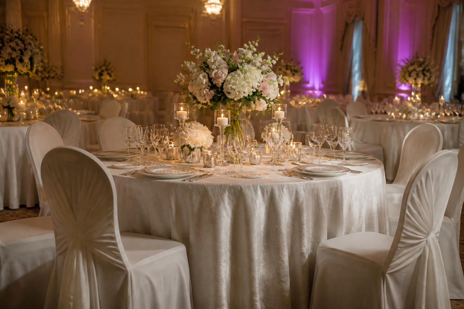 Wedding reception table with a large round ivory spun polyester tablecloth and elegant chair covers