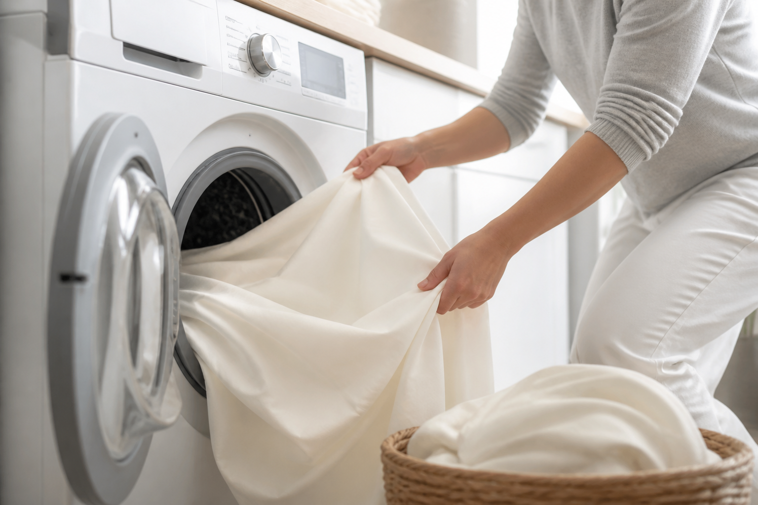 A person pulling a freshly washed ivory tablecloth from a washing machine