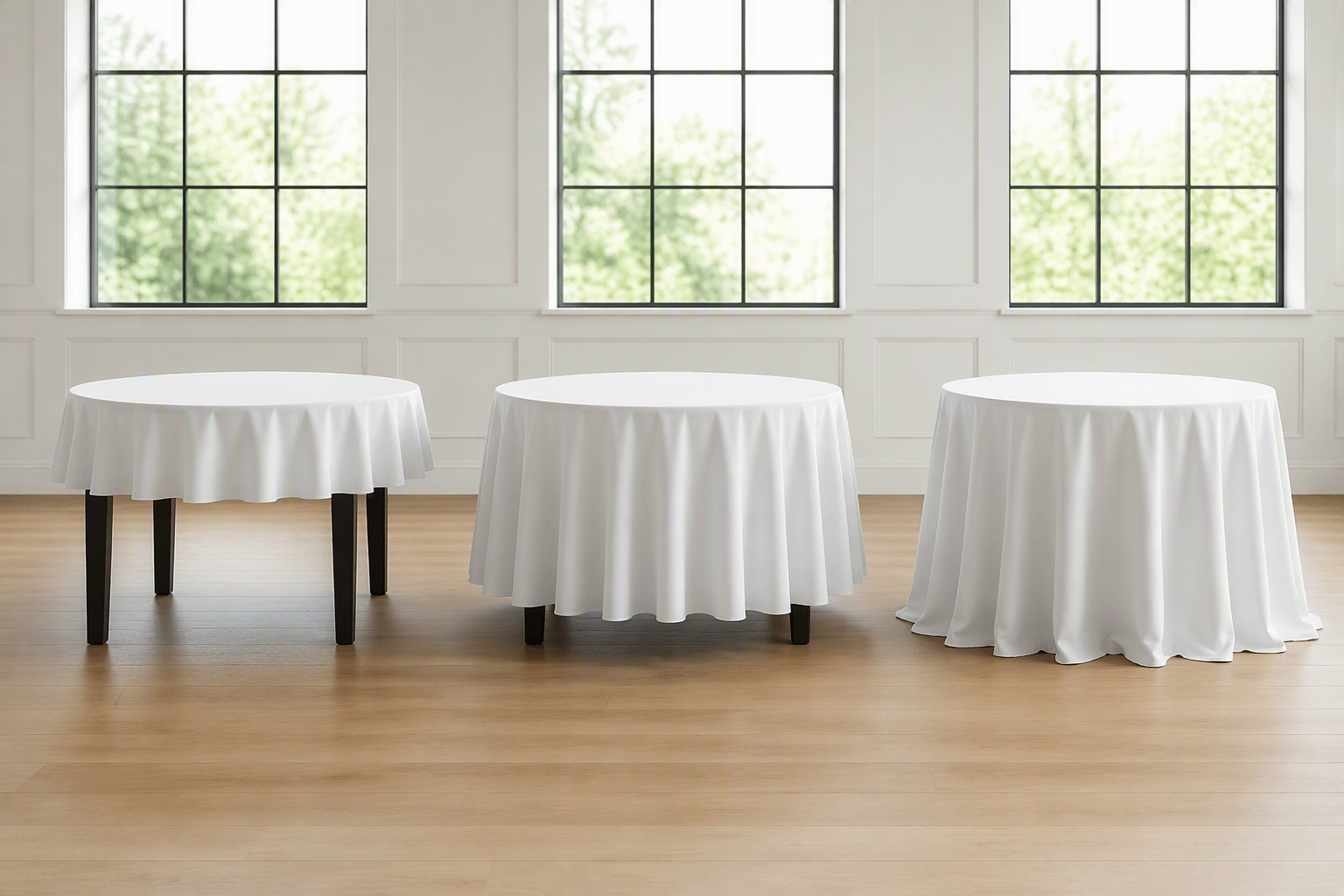 Three tables side by side showing short, standard and floor-length tablecloth drops
