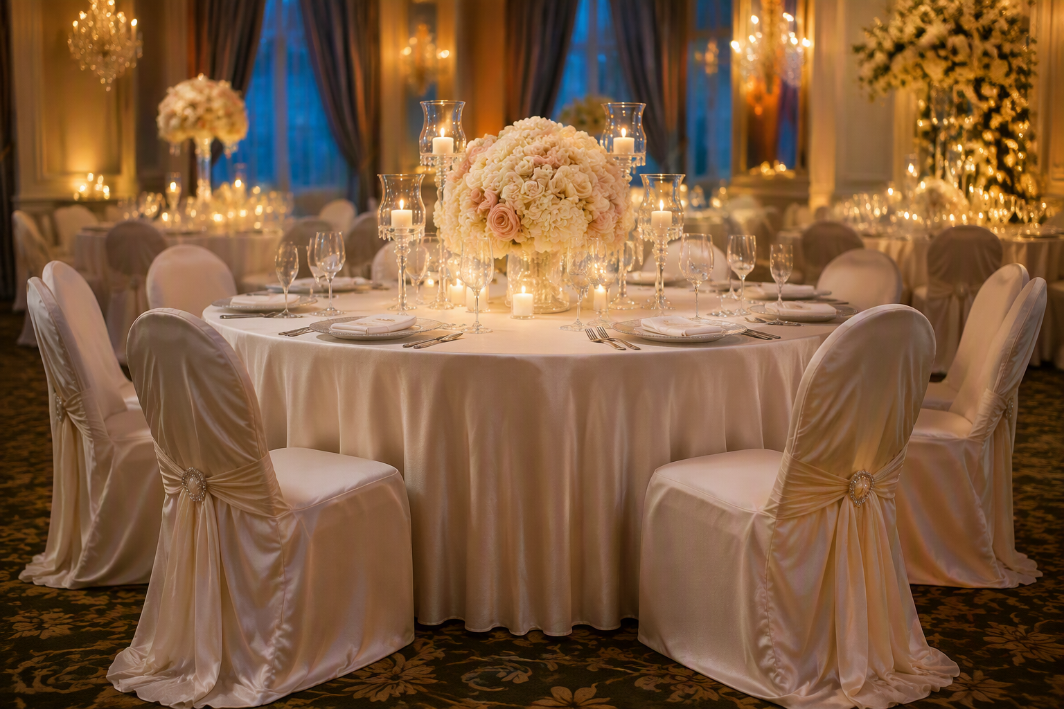 Large round banquet table with a floor-length ivory tablecloth at a wedding venue
