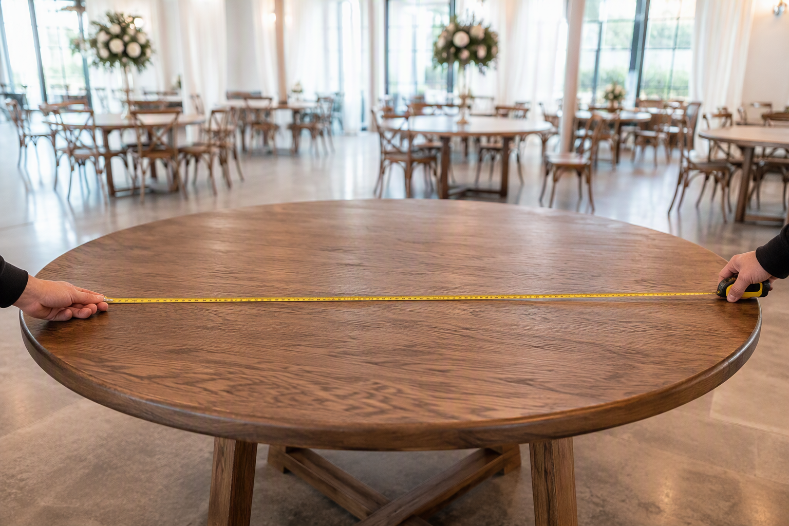 Hands measuring the diameter of a round table with a yellow measuring tape