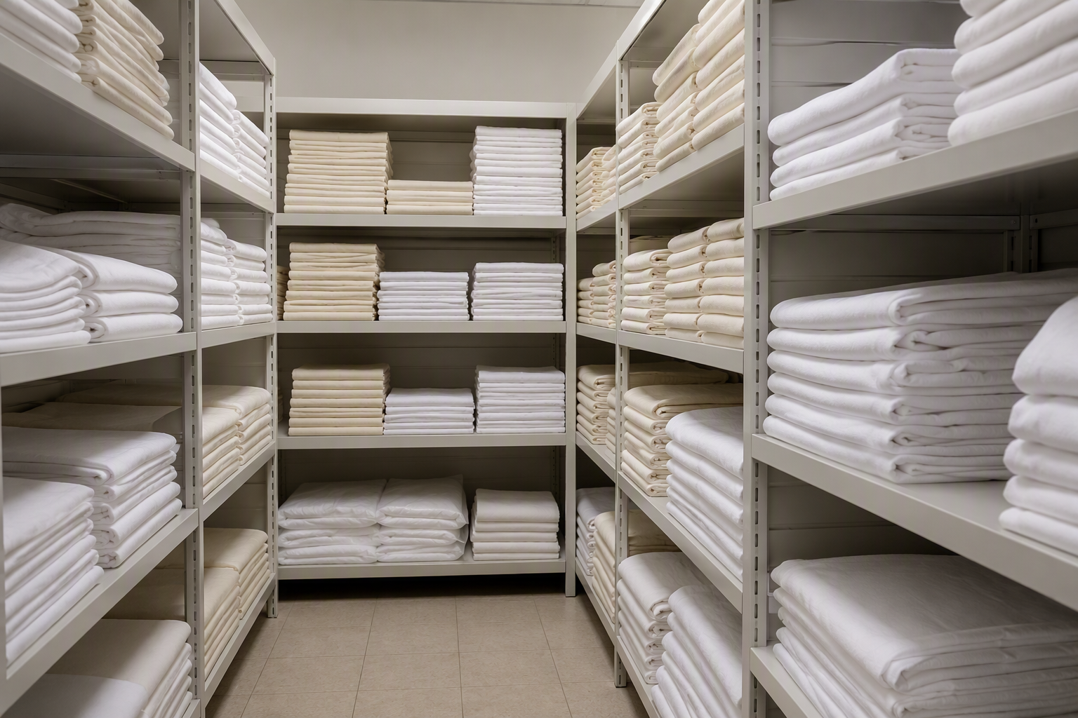 Organized shelves in a hospitality linen storeroom with folded tablecloths in different sizes