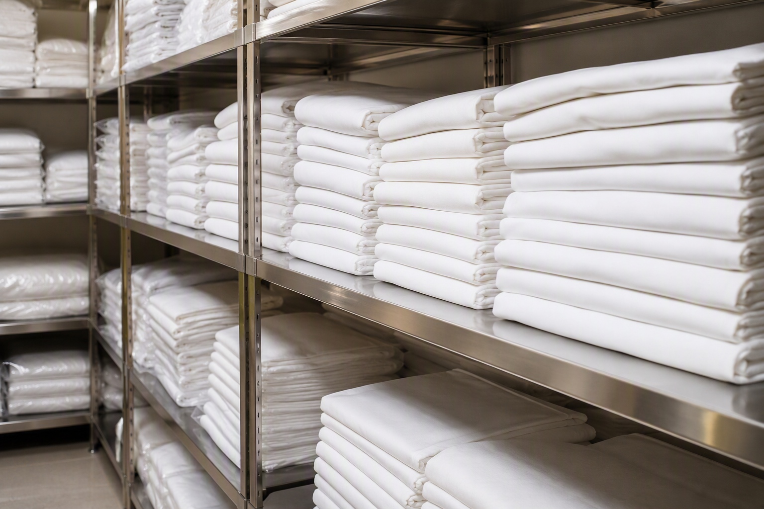 Neatly folded white tablecloths stacked on open shelving in a linen storage room