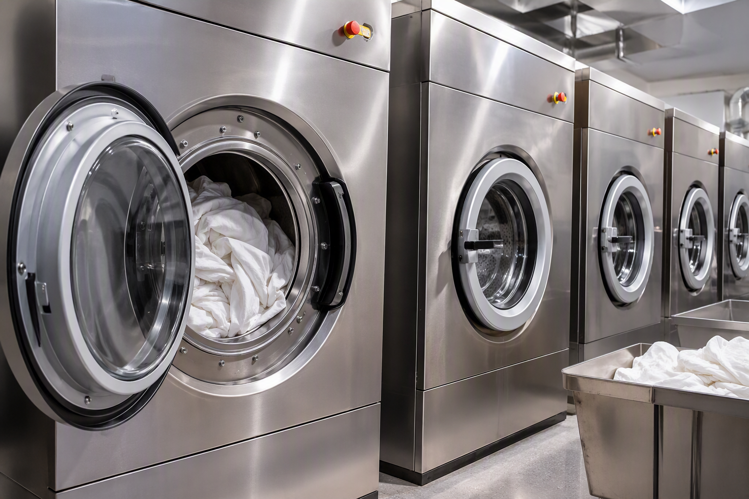 Row of commercial front-loading washing machines in a hotel laundry facility