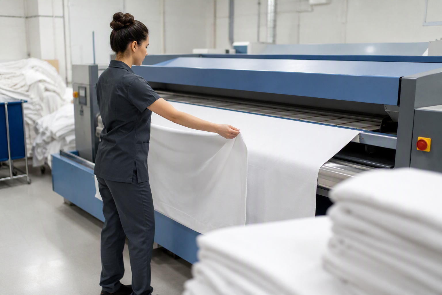 Hotel worker feeding a large white tablecloth through a commercial flatwork ironer