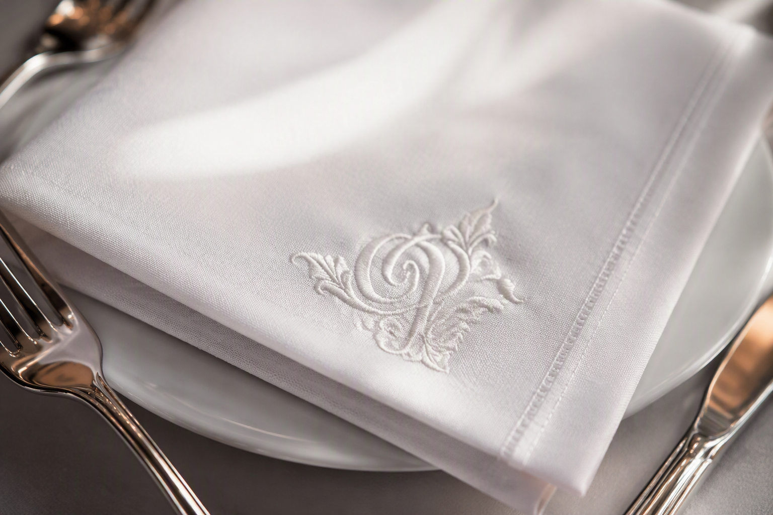 Close-up of a white cloth napkin with elegant embroidered restaurant monogram in the corner