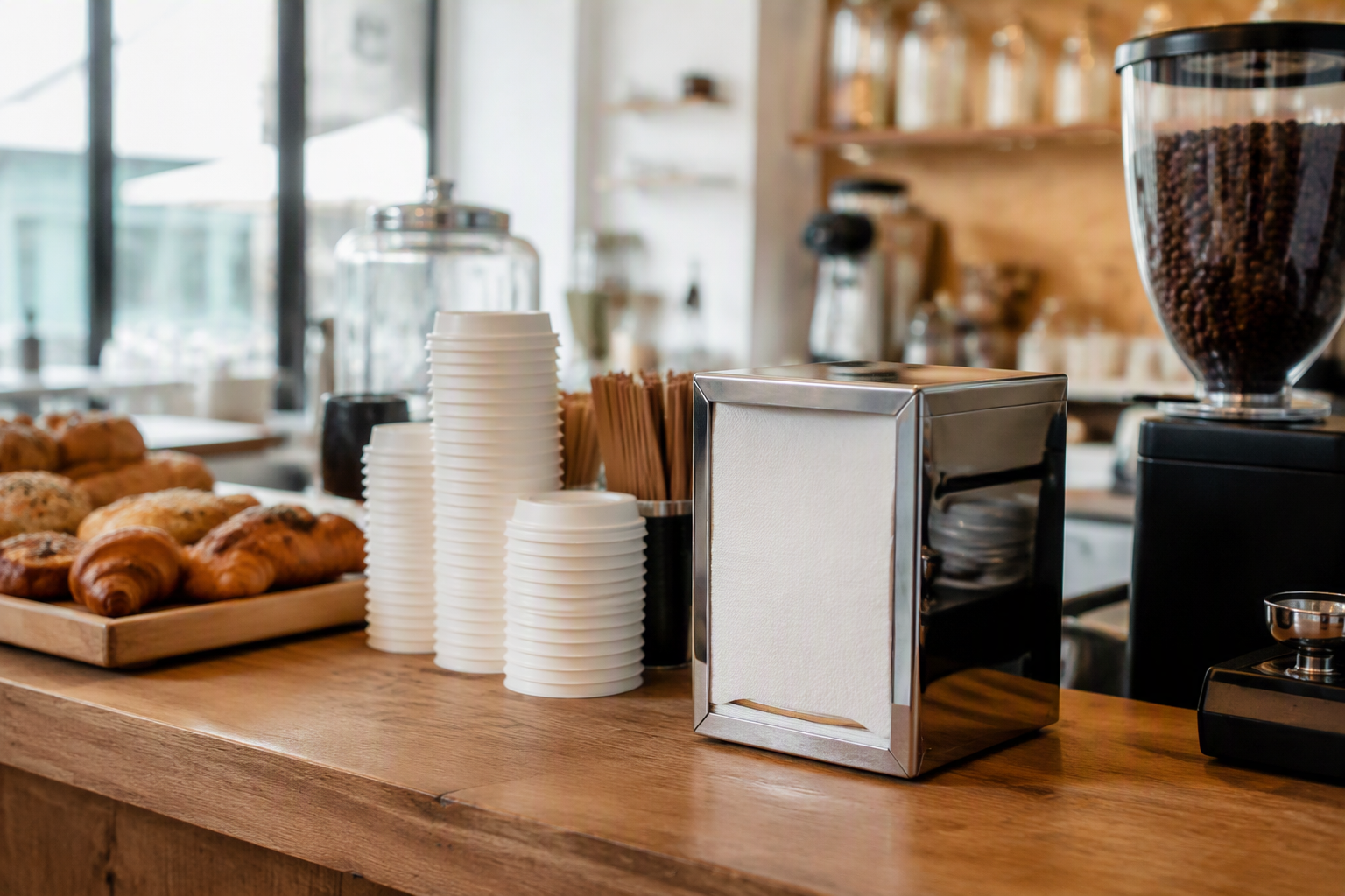 Casual cafe counter with a dispenser of white paper napkins next to coffee cups