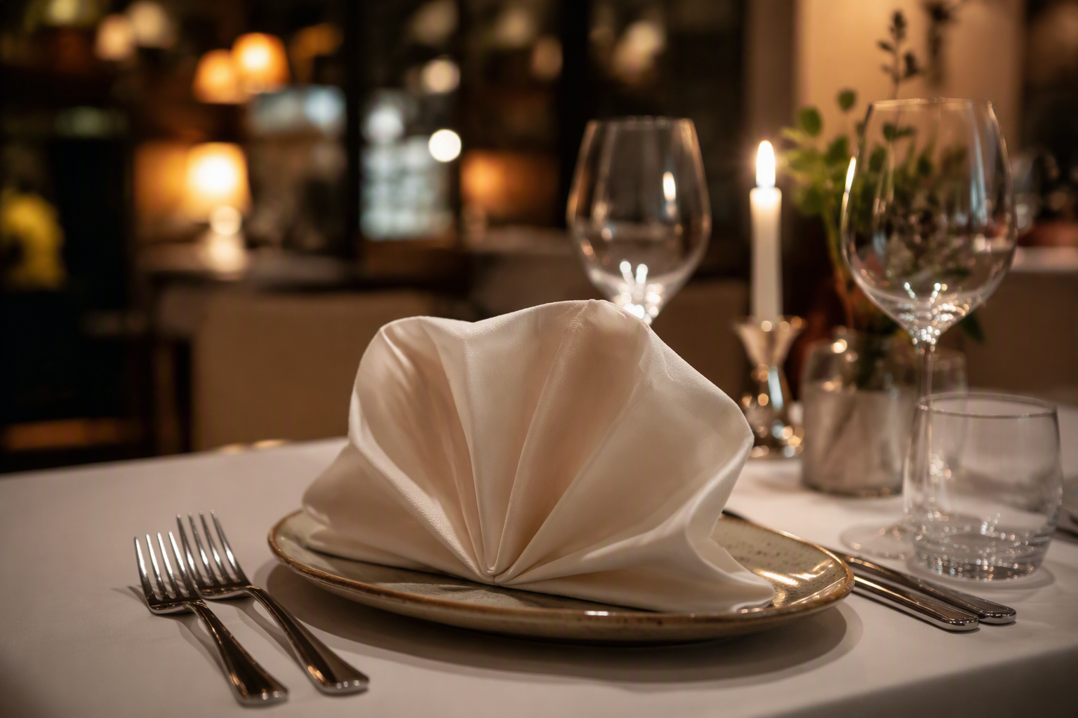 Fine dining table setting with a neatly folded ivory cloth napkin on a ceramic plate