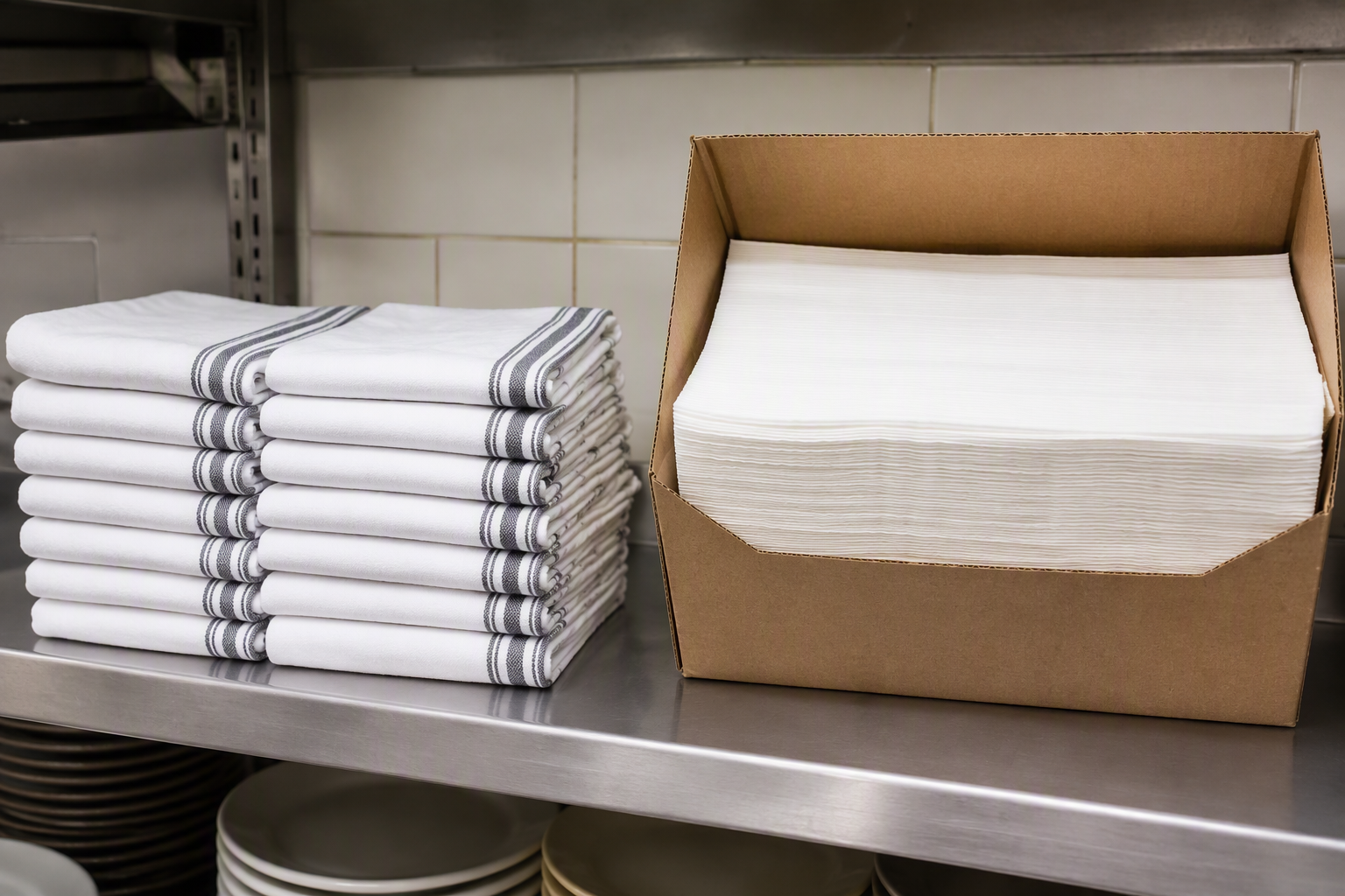Side-by-side comparison of a stack of cloth napkins and a box of paper napkins in storage