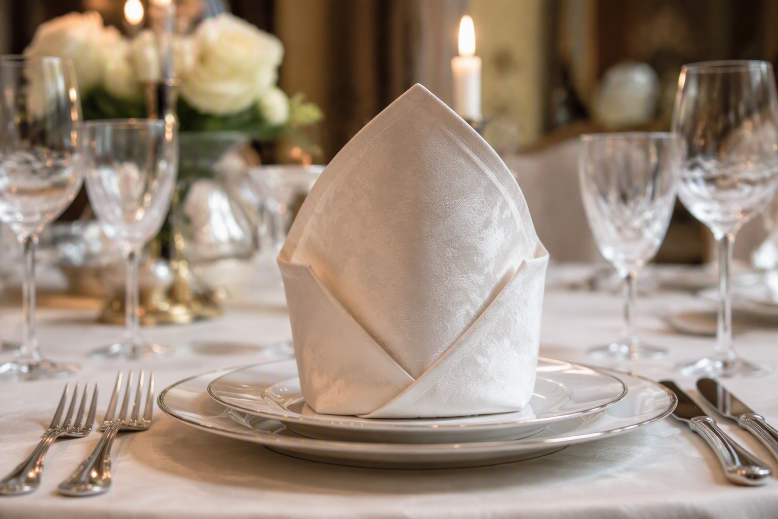 Fine dining place setting with a folded damask napkin standing in a classic bishop's hat fold on a white china plate