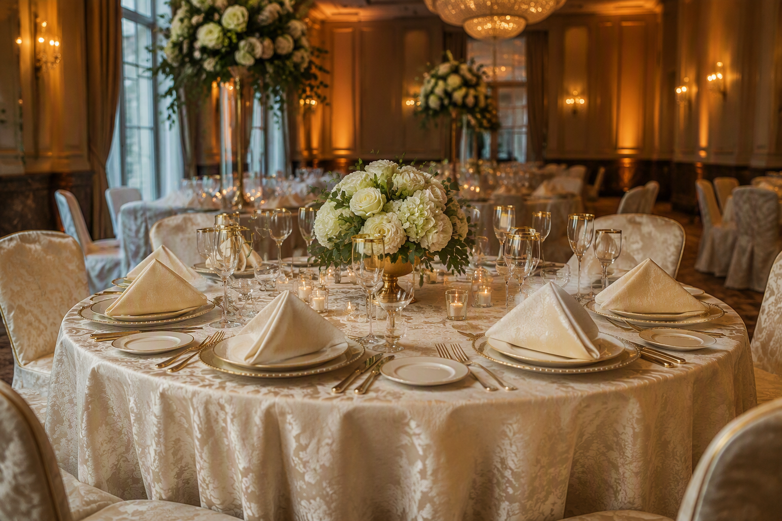 Hotel banquet room table with layered ivory damask tablecloth and matching folded napkins