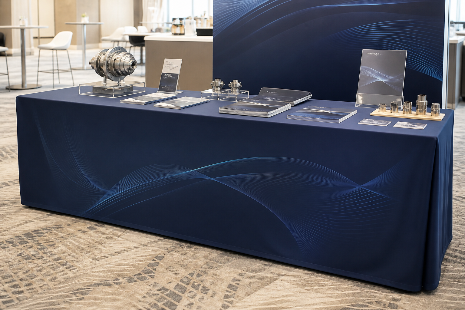 Long exhibition table covered by a navy fitted tablecloth reaching the floor, with brochures and samples on top