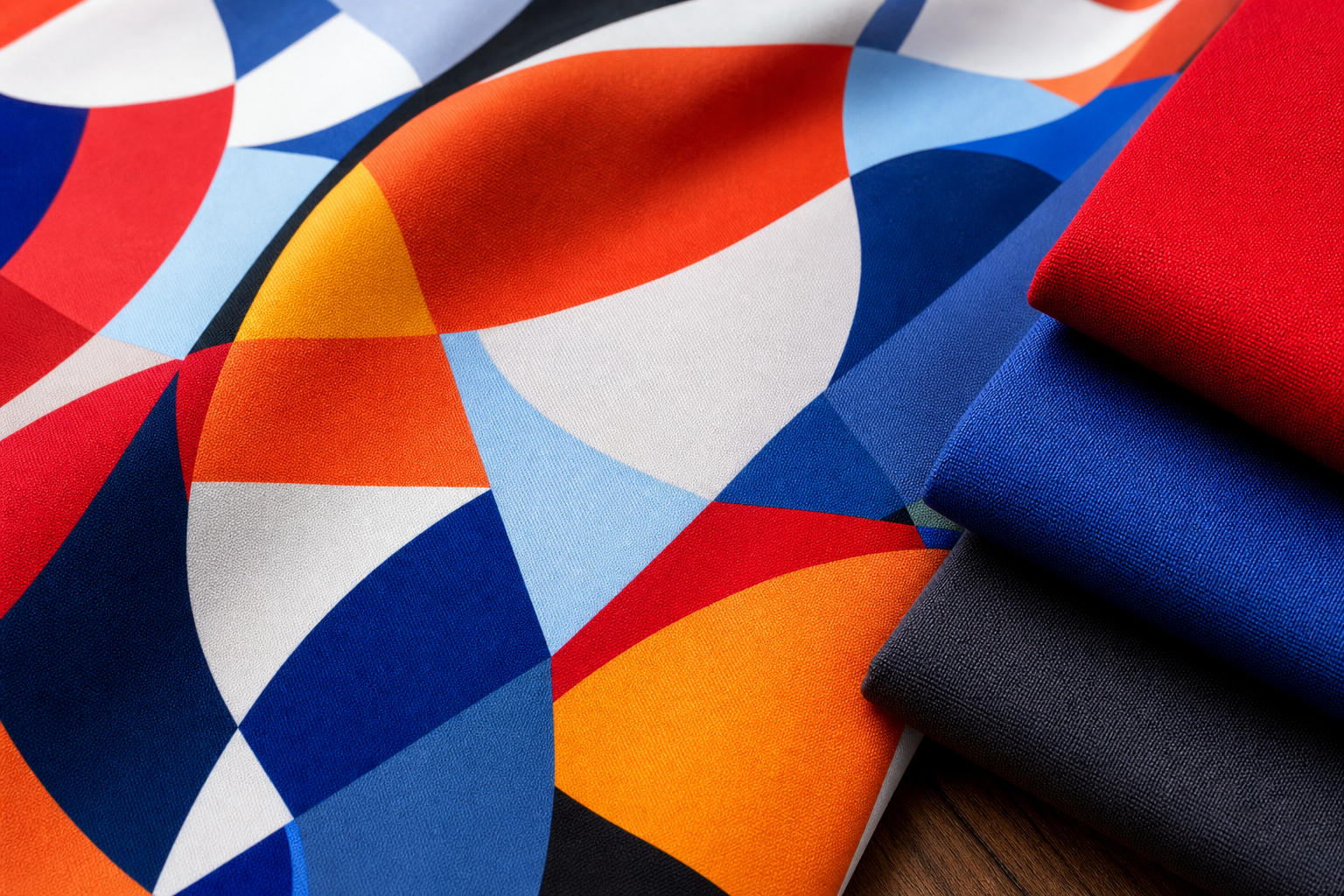 Close-up of custom printed tablecloth fabric showing vibrant full-color abstract graphic pattern