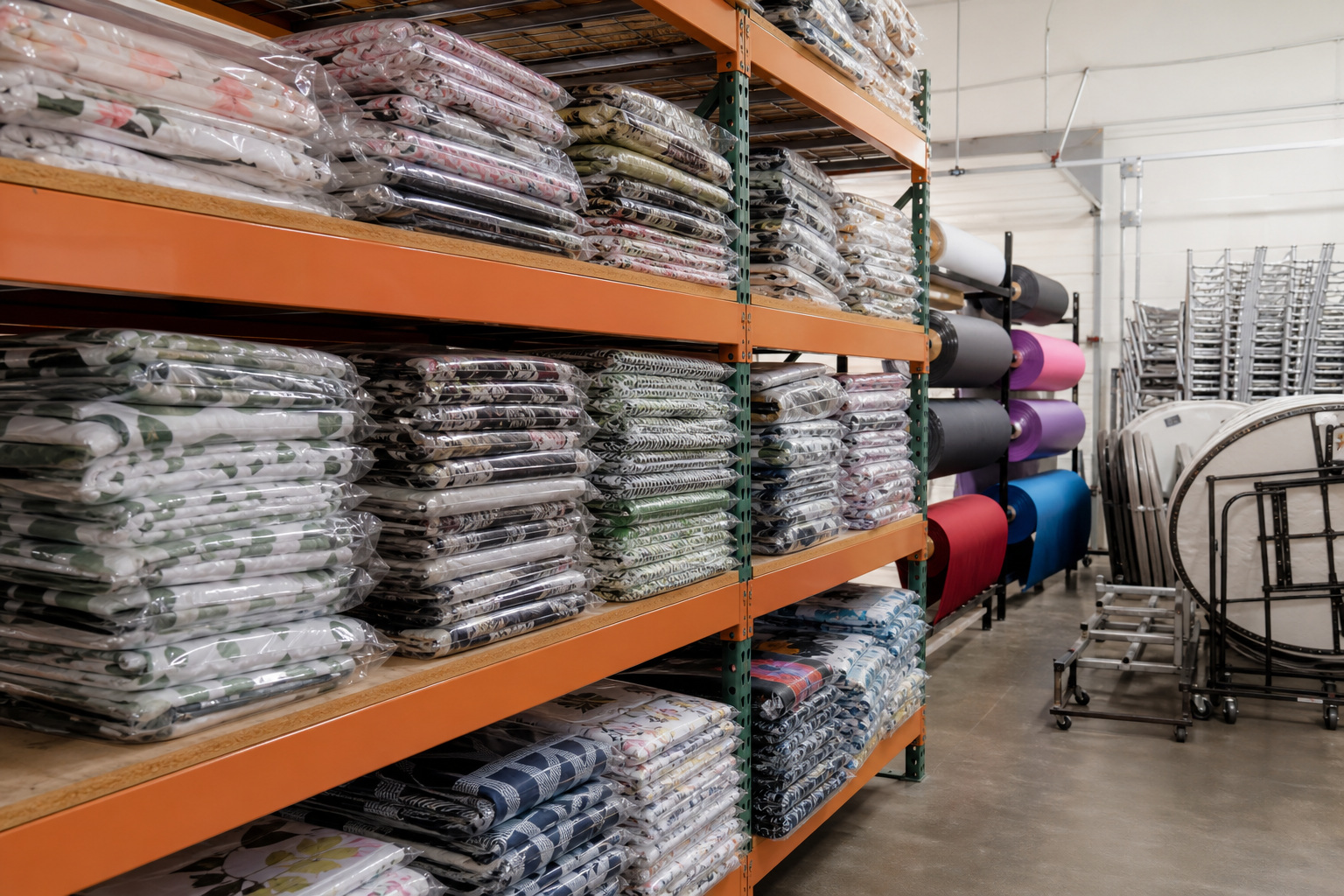Neatly folded printed table covers stacked on warehouse shelves in protective packaging
