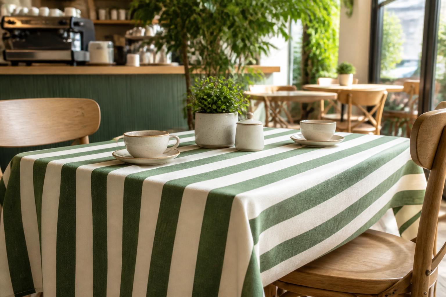 Cafe table covered with a classic awning-stripe tablecloth in cream and forest green vertical stripes