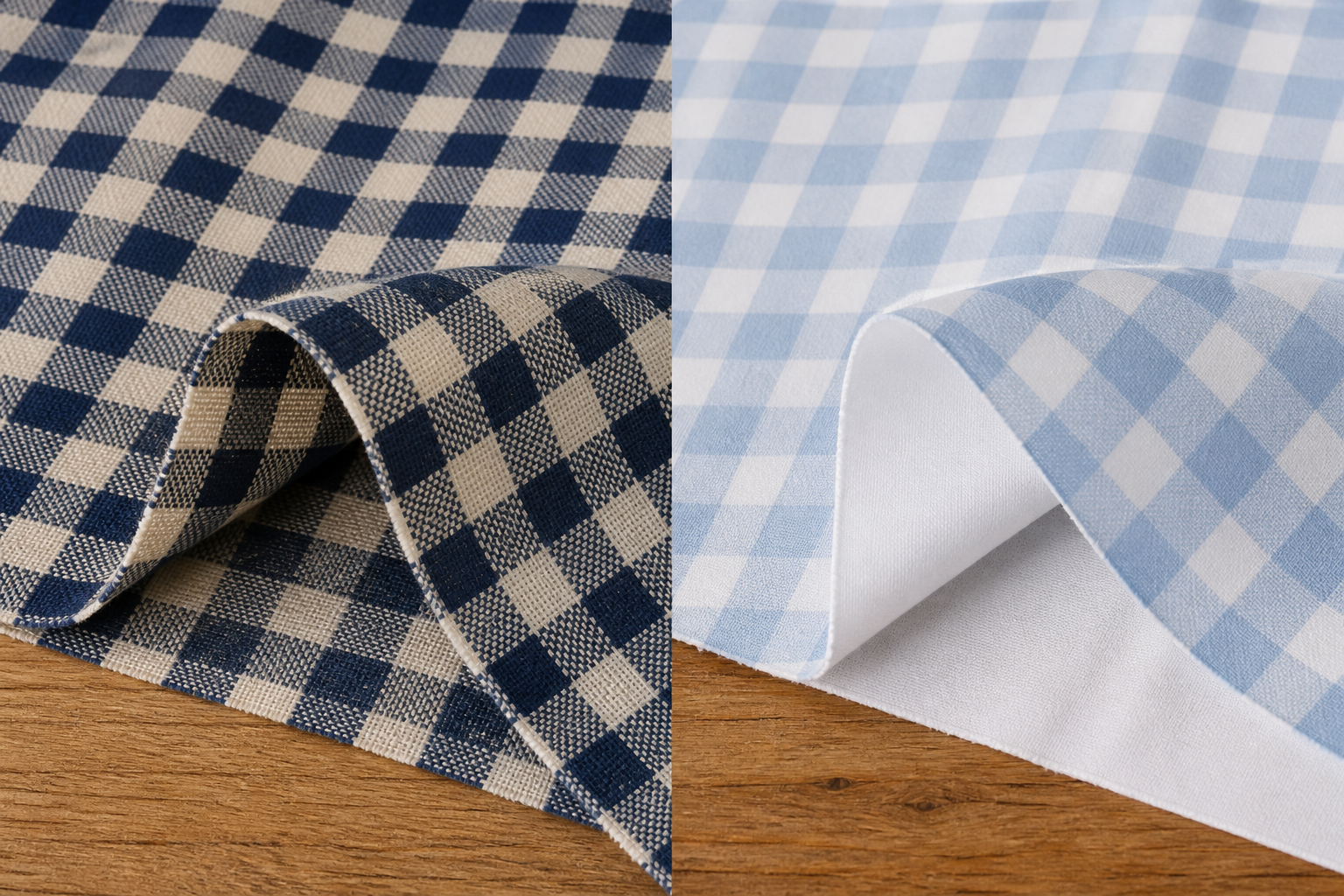 Side-by-side comparison of a yarn-dyed woven check and a printed check fabric