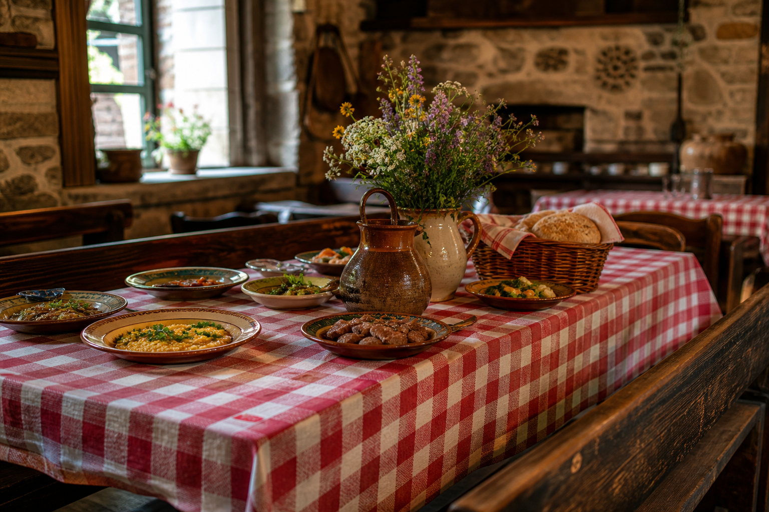 Farmhouse style dining table in a rustic country restaurant covered with a red and white checked tablecloth
