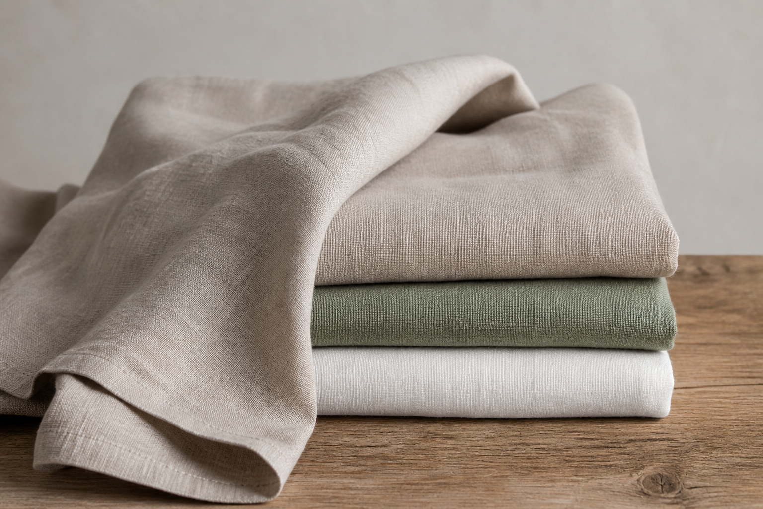 Stack of folded natural linen tablecloths in oatmeal, sage and soft white with one draped loosely