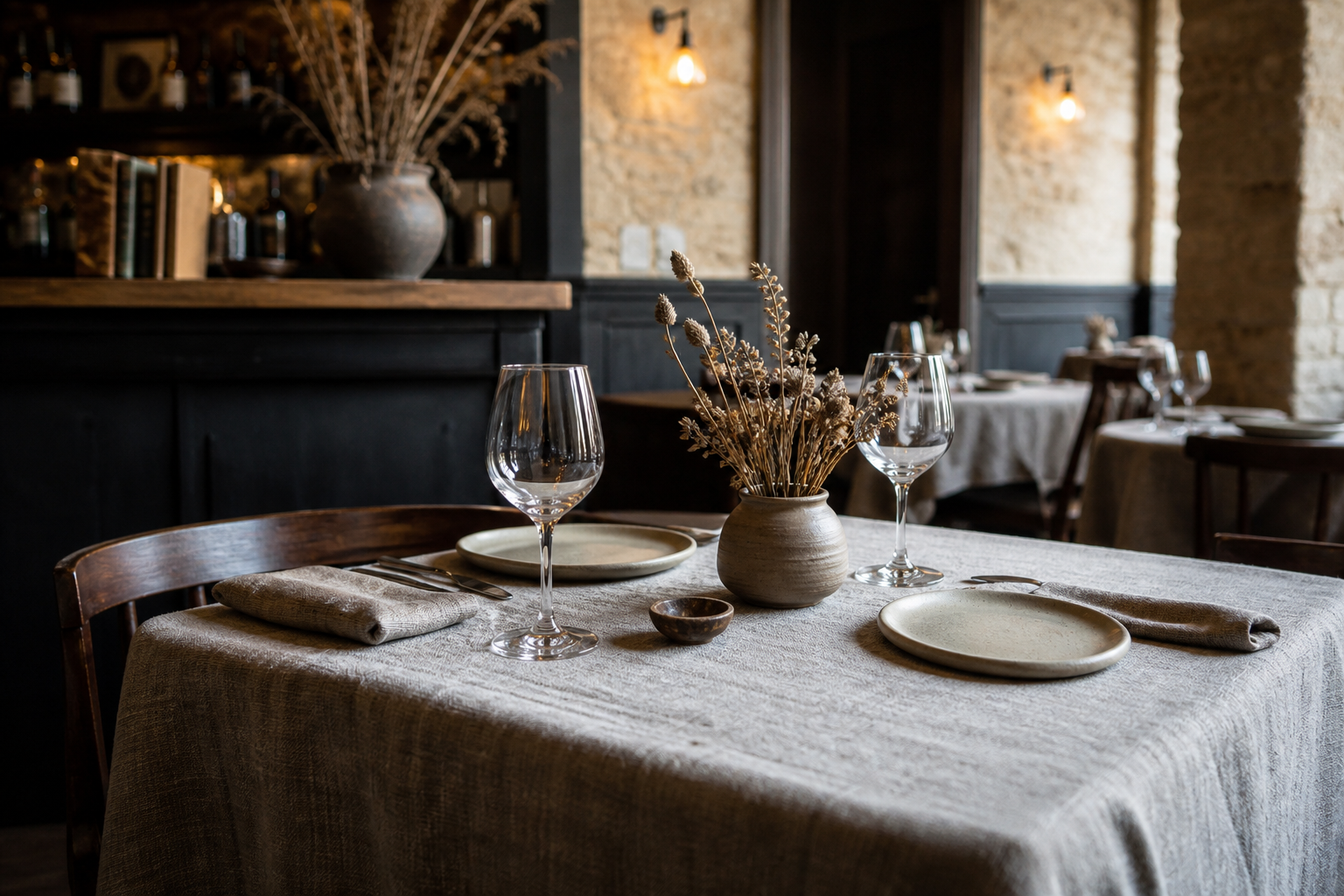 Rustic upscale restaurant table set with a natural stone grey linen tablecloth and simple ceramics