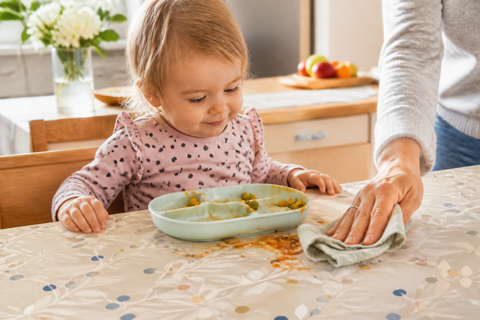 Family kitchen table with a wipe-clean patterned tablecloth being wiped clean after a spill