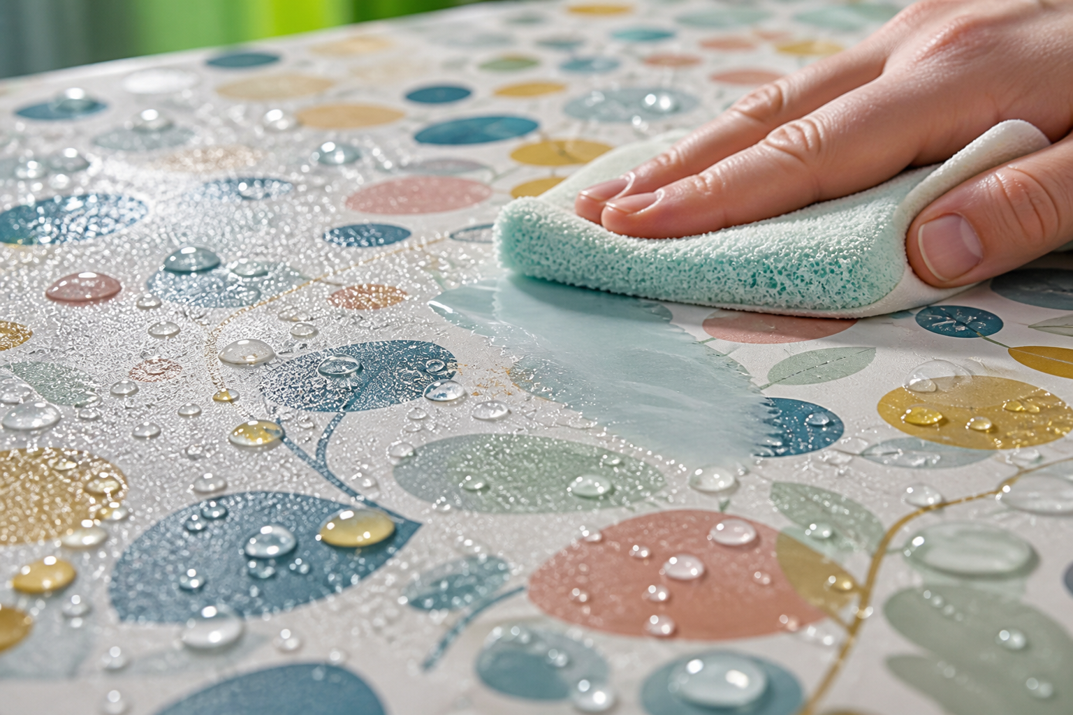 Water droplets beading on the smooth coated surface of a wipe-clean tablecloth while a sponge wipes it clean