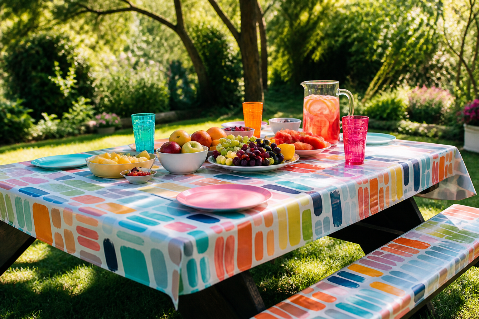 Picnic table in a sunny garden covered with a colorful wipe-clean tablecloth with fruit and cold drinks