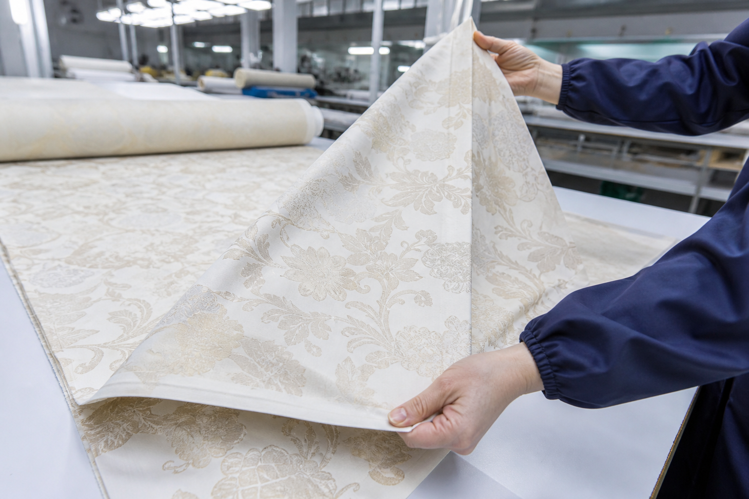 Hands inspecting a length of finished tablecloth fabric on a factory work table, checking hem and surface quality