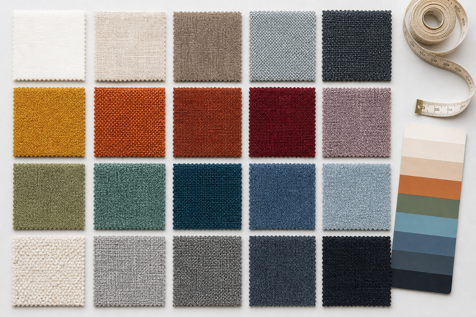 Textile swatch samples in different colors and weaves arranged in a grid with a measuring tape and color card