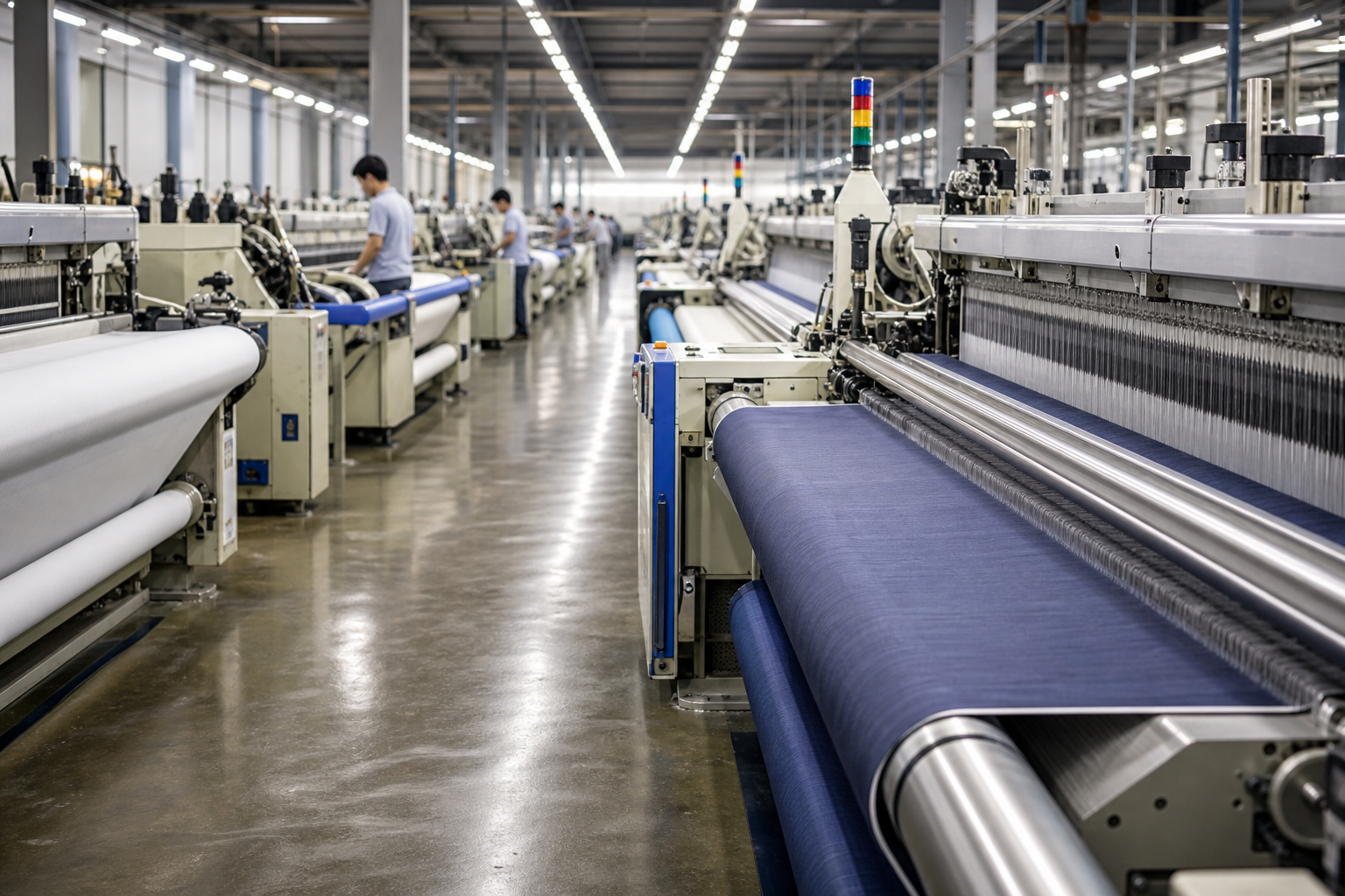 Modern textile factory floor with industrial weaving looms producing fabric rolls