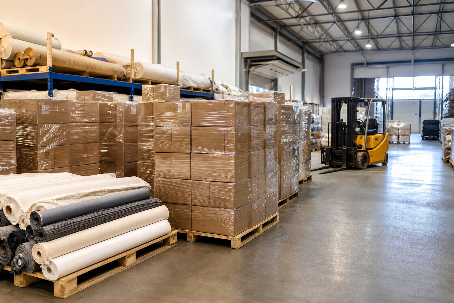 Warehouse dispatch area with packed cartons of table linens stacked on pallets beside rolls of fabric