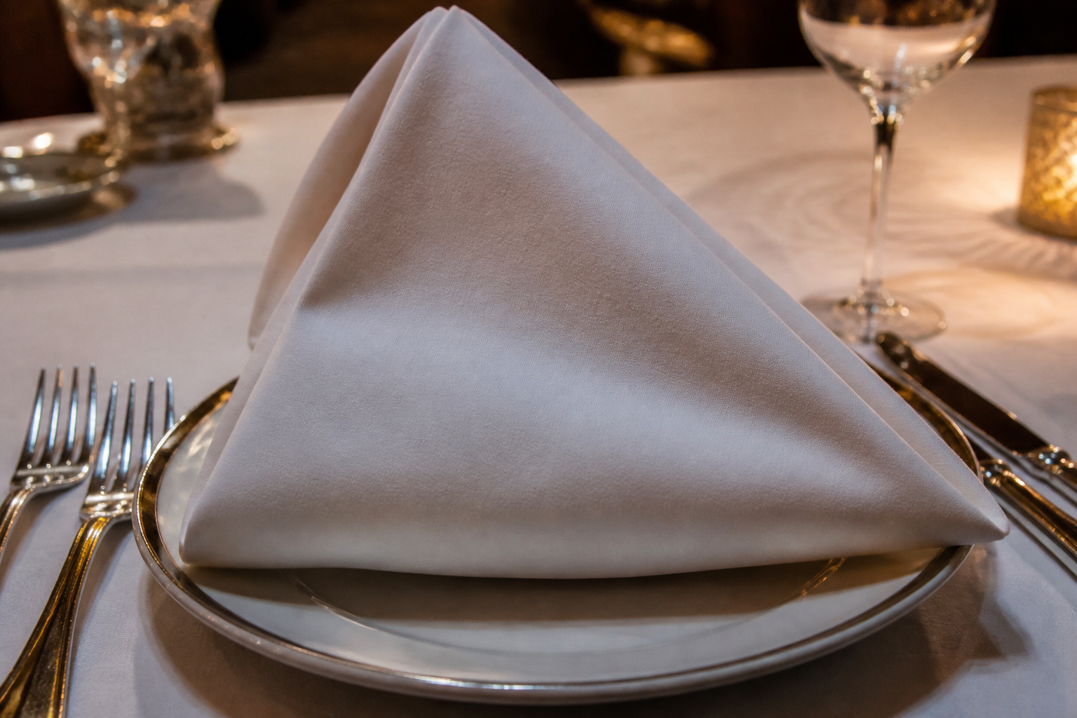 Large white dinner napkin folded and placed on a plate beside standard cutlery and a plate